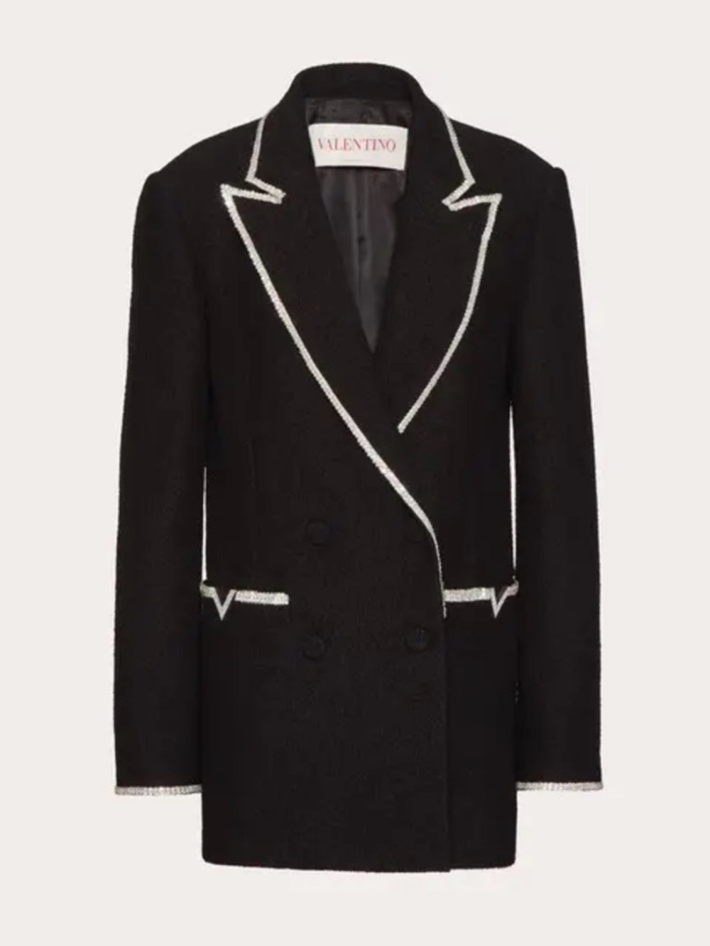 Valentino Double Breasted Tweed Strass Embellished Silver Crystal Trim Blazer